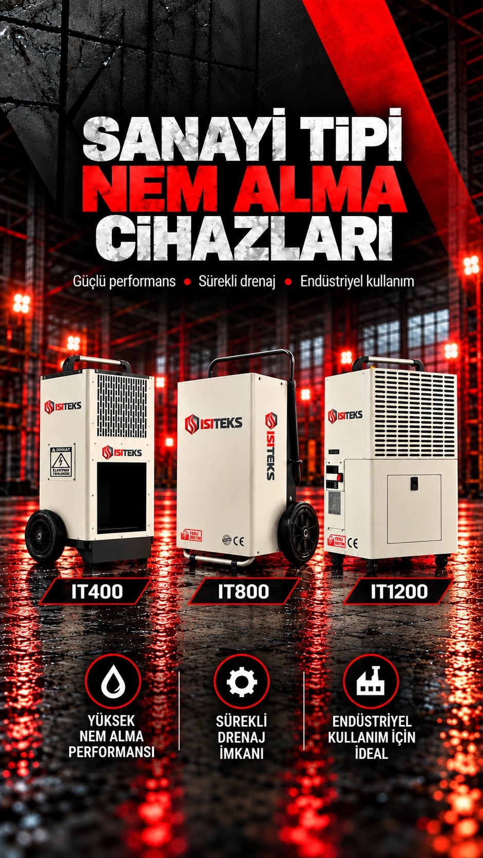 ISITEKS Sanayi Tipi Nem Alma Cihazları - Yüksek Nem Alma Performansı, Sürekli Drenaj İmkânı | IT400N, IT800N, IT1200N
